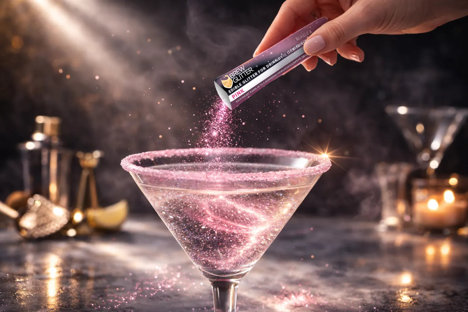 Brew Glitter stick pack pouring into drink