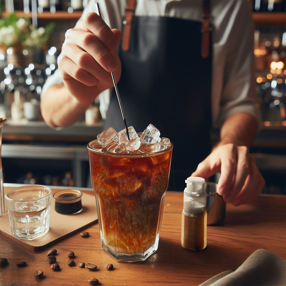 stirring edible glitter into a a cafe latte