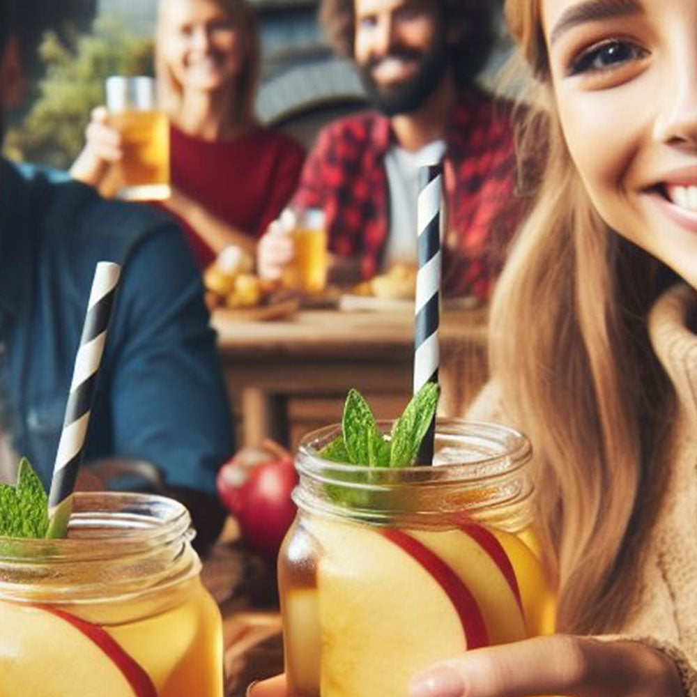 apple slices in a mason jar cocktail with people