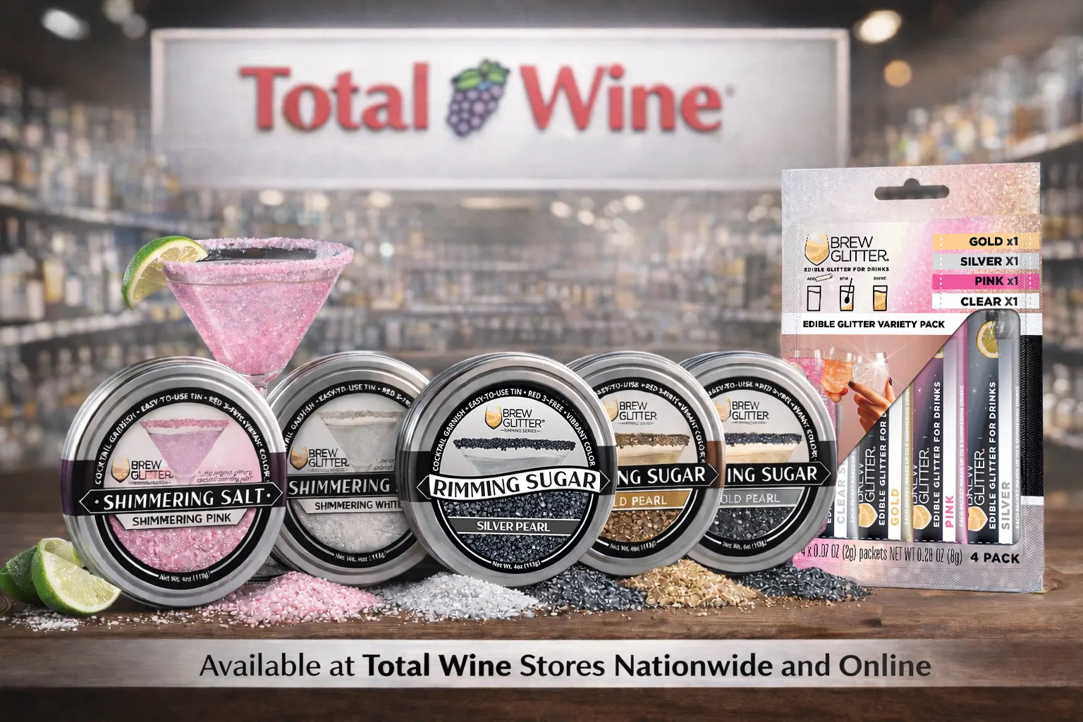 Total Wine display with various products including shimmery salts and glitter packs.